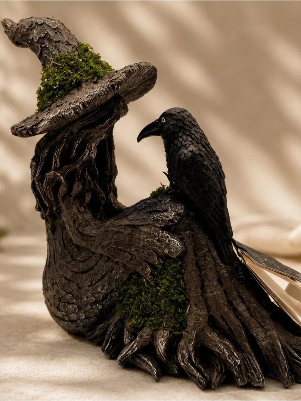 Halloween Mossy Tree Witch with crow Light Up Figurine Raven Decor Viral